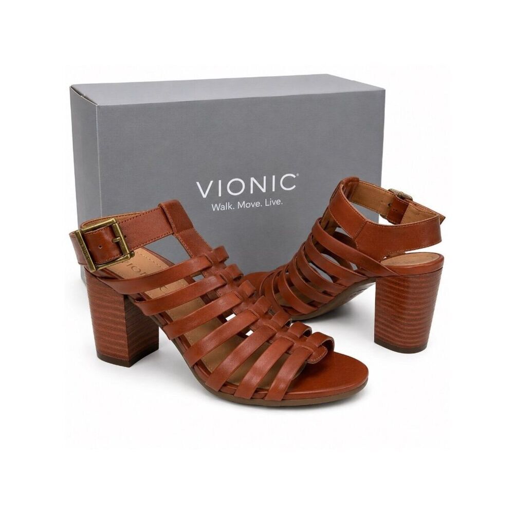 Vionic Perk Sami Supportive Cognac Leather Sandals Womens 8.5 Strappy Caged Heel